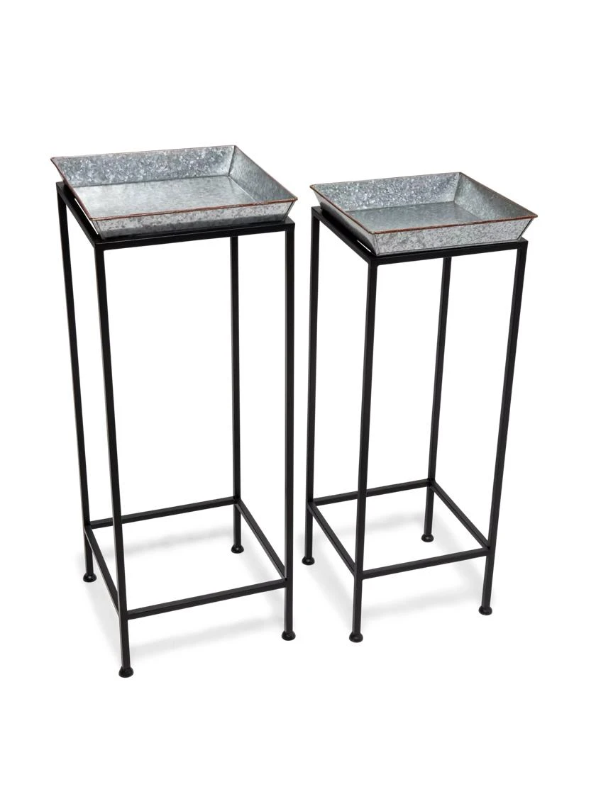 Square Nesting Plant Stands With Galvanized Trays, Set Of 2 3 Square Nesting Plant Stands With Galvanized Trays, Set Of 2